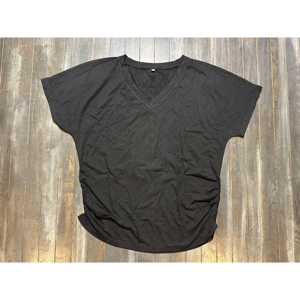 Black Short Sleeve Ruched Side V-Neck Top